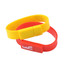 A red and yellow rectangular silicone wristband flash drive with a logo.