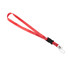 A red lanyard with a black clip and attachment, designed for holding a flash drive or ID.