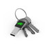 A square flash drive in silver, attached to a keyring with three metal keys, featuring a green logo.