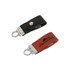 A black and brown keyring with a metallic clip and branding on one side. Both feature a secure snap fastener.