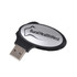 An oval swivel flash drive in black and silver, featuring a logo on its surface.