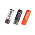 Three flash drives in silver, black, and orange colours, featuring different logo designs on each.