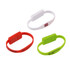A collection of slim silicone wristband flash drives in red, white, and green, featuring various logos.