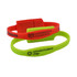Two silicone wristbands, one red with black text and one bright green with black text, featuring logos.