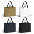 A collection of medium ribbon handle paper bags in gold, white, and black colours. Each has two black handles.