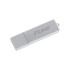 A silver flash drive with a sleek rectangular design and a branding logo on the surface.