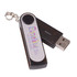 A black and silver flash drive with a keychain attachment, featuring a logo and an opening mechanism.