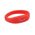 A red silicone wristband flash drive featuring a logo, with a smooth oval design.