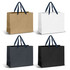Large ribbon handle paper bags in kraft, white, and black, featuring navy blue handles. Each bag has a plain design.