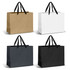 Four large ribbon handle paper bags in brown, white, navy, and black with black handles. Each bag has a plain design.