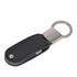 A black leather swivel flash drive with a metal keyring attachment. There is a silver metallic element on one end.