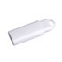 A white click button flash drive featuring a hole for attachment. It has a simple, sleek design.