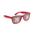 Red sunglasses featuring a unique pinhole design with numbers 20 and 14, and a logo on the arm.