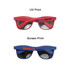 Pinhole sticker sunglasses in red and blue, featuring a logo on each pair and a unique design with mesh lenses.