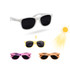 Colour changing sunglasses in white, yellow, pink, and orange, with dark lenses and a logo on one pair.