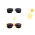 Colour changing sunglasses in white and orange frames, with dark lenses and a sun illustration in the background.