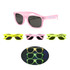 Glow in the dark sunglasses in pink and neon green, featuring different styles and a logo on some pairs.