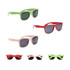 A collection of Wheat Straw sunglasses in green, red, and beige with dark lenses and various logos.