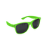 A pair of vibrant green classic sunglasses with dark lenses and a logo on the side.