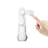 A white handheld mini fan with a flashlight, featuring two blades and a button on the body. A hand is touching the fan.