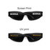 Wraparound sunglasses in black featuring two different print styles on the arms, one in white and one in gold.