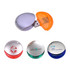 A collection of round flash drives in silver, orange, red, green, and blue, featuring branding on their surfaces.