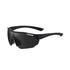 Sports cycling sunglasses in black with a sleek design and a single dark lens. Features a logo on the frame.