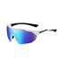 Sports cycling sunglasses with a white and black speckled frame and a blue-purple mirrored lens. Features branding on the frame.