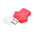 A red flash drive shaped like a tee shirt, with a clear cap covering the USB connector.