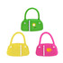 A set of three handbag-shaped flash drives in green, yellow, and pink, each featuring a logo.