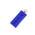 A blue mini flash drive with a silver keyring and a logo.