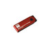 A red flash drive with a black end and a logo, featuring a compact design for portability.