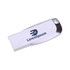 A silver mini key flash drive with a logo on one side, featuring a streamlined design.