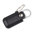 A black leather pouch flash drive with a silver keychain attachment and a logo on the surface.
