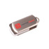 A silver flash drive with a metallic finish and a logo on one side.