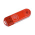 A transparent red swivel flash drive featuring a circular button and a logo design.