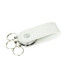A white PU leather keychain with a swivel drive and three metal key rings, featuring an embossed logo.