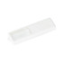 A white sliding acrylic flash drive with a transparent window featuring a logo.
