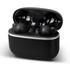 A pair of black wireless earbuds in a sleek black charging case, featuring a minimalistic design and branding.