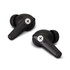 A pair of black TWS earbuds with a sleek design and a circular logo on each earbud.