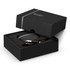 A black gift box open to reveal Swiss Peak TWS Earbuds 2.0 with a charging cable inside.