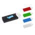 A USB flash drive in black with a clear cap, accompanied by red, green, blue, and white versions. Each has a logo.