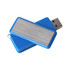 A blue 360 degree rotating flash drive with a metallic silver panel and a keyring attachment.