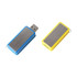 A 360 degree rotating flash drive in blue and yellow with a metallic panel and branding.