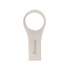 A silver USB flash drive with a ring for attaching to keychains or lanyards. Features a logo on the surface.