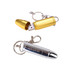 A gold and silver bullet-shaped flash drive displayed with keychain attachments, featuring a logo on the silver model.