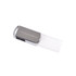 A sleek silver and clear swivel crystal flash drive with a branding logo and a transparent cover.