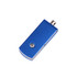 A blue swivel flash drive with a metallic finish and a button on the side. It has a sleek design and compact shape.