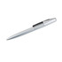 A silver USB memory pen with a sleek design and a black clip, featuring a logo on its surface.