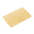 A wooden flash drive resembling a credit card, with a smooth, natural bamboo finish. It features a logo.